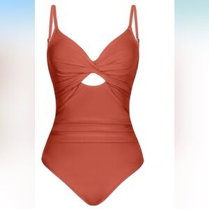 CUPSHE Women's Twist Ruched Keyhole One Piece Orange Swimsuit size large